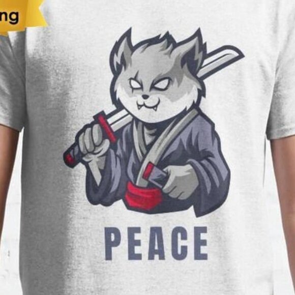 Samurai Cat Retro Japanese Aesthetic Cute Warrior Graphic T-Shirt 181 - Picture 2 of 5